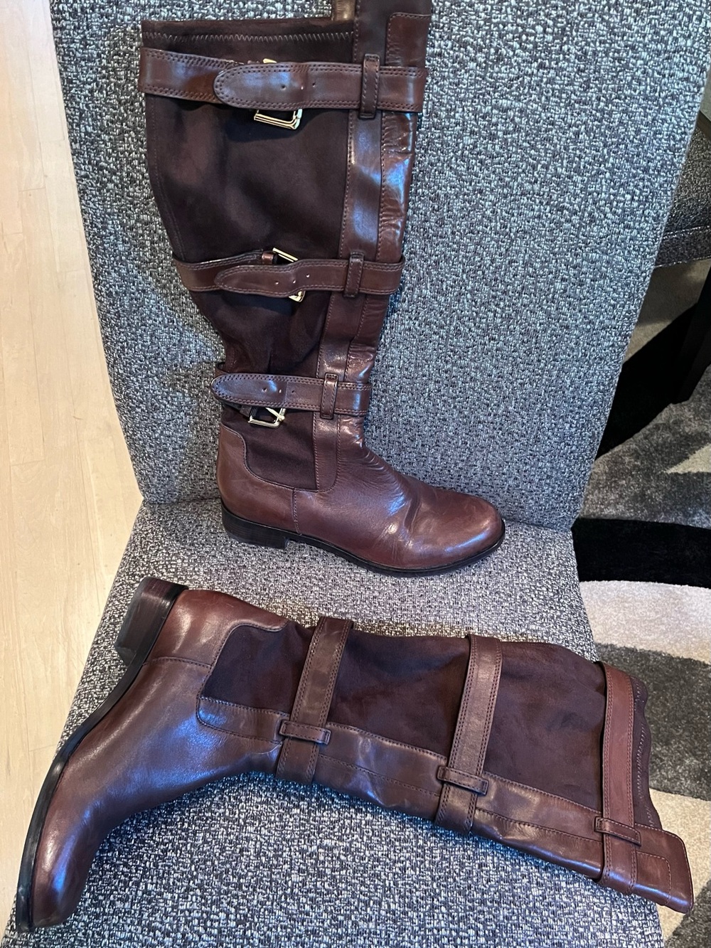 Cole Haan Brown Leather & Suede Knee-High Buckle Boots